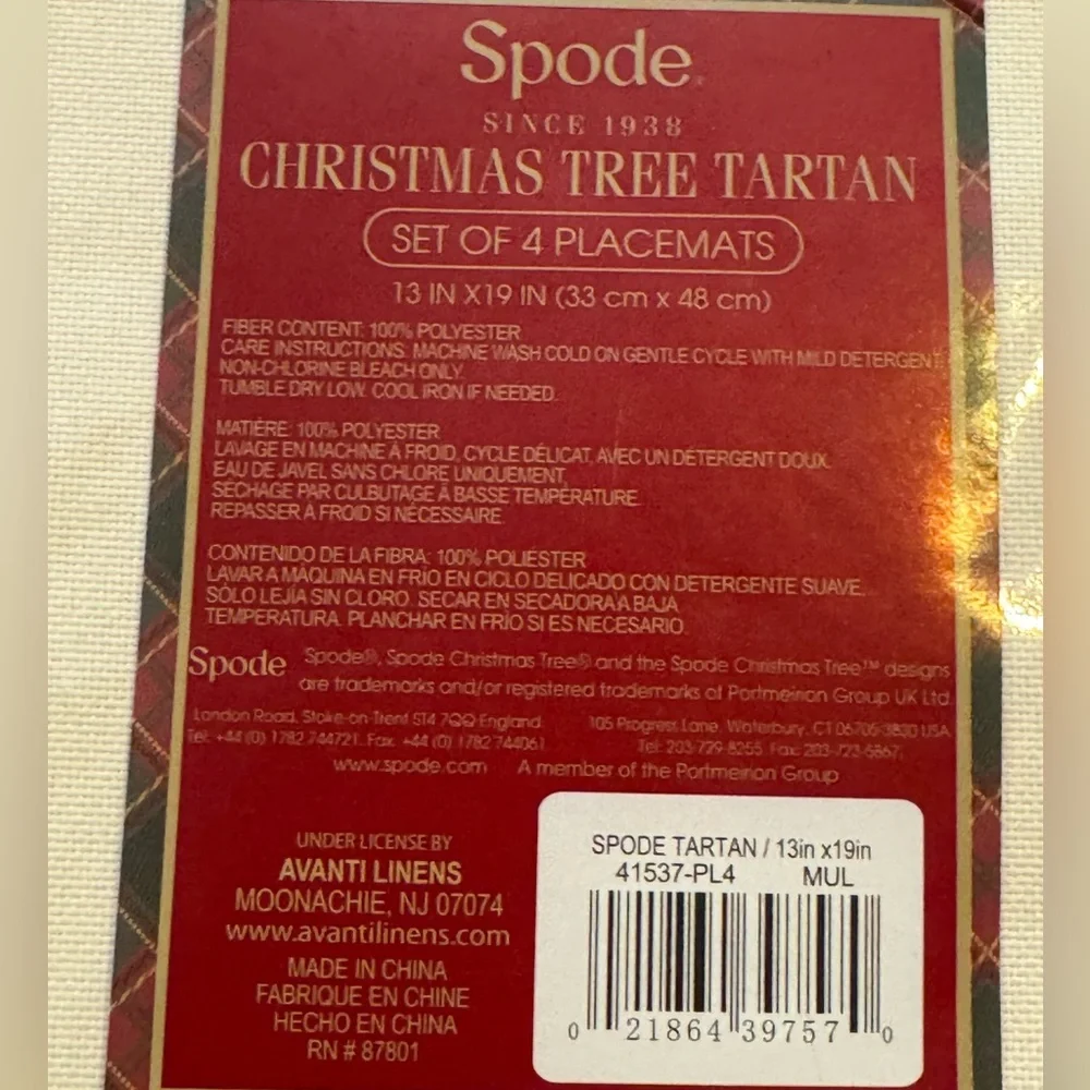 NWT Set of 4 Spode Christmas Tree Tartan Placemats Festive Holiday Decor 13x19”